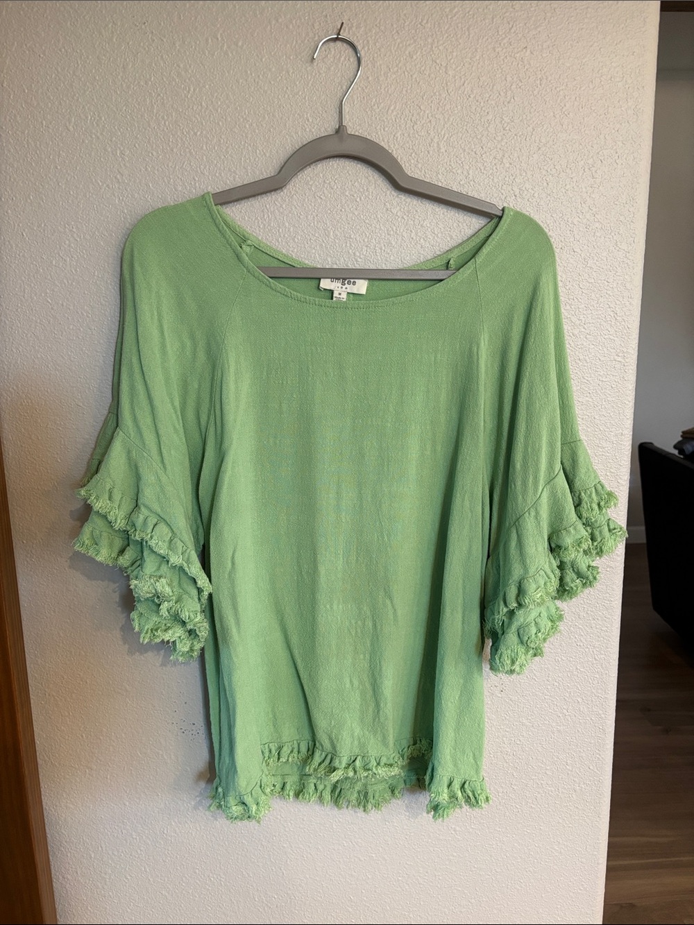 Umgee Mint Green Ruffle-Sleeve Knit Top